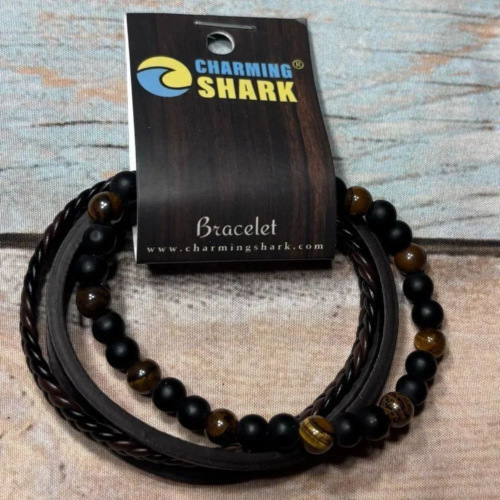 New Charming Shark Men’s Brown & Black Beaded Leather Bracelet Set